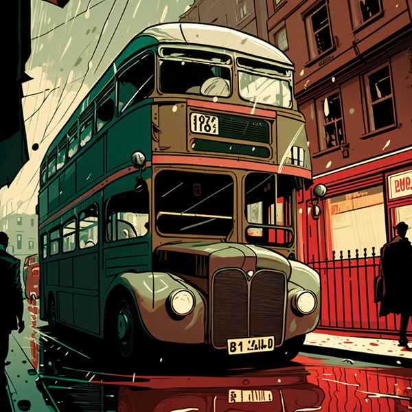 bus in london, comic book