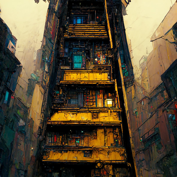 Midjourney prompts examples commands keywords text Narrow steep staircase, Old Building