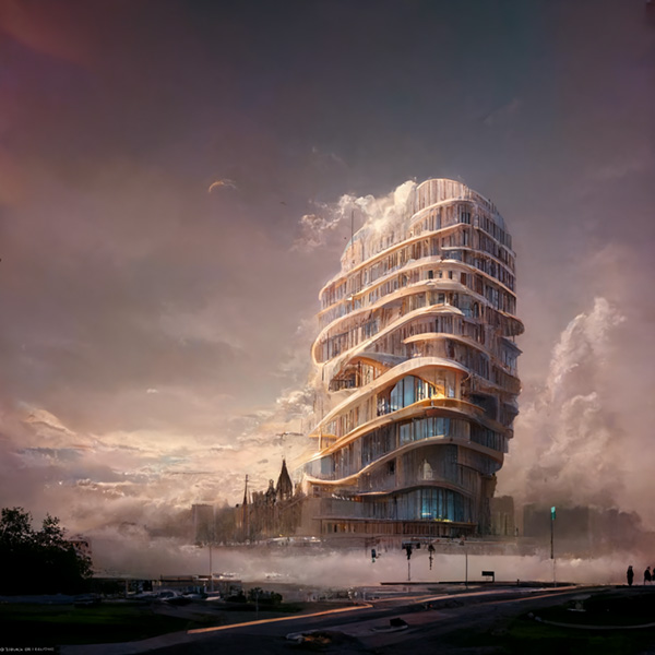 curved building facade made from transparent smooth and endless fluidity midjourney example