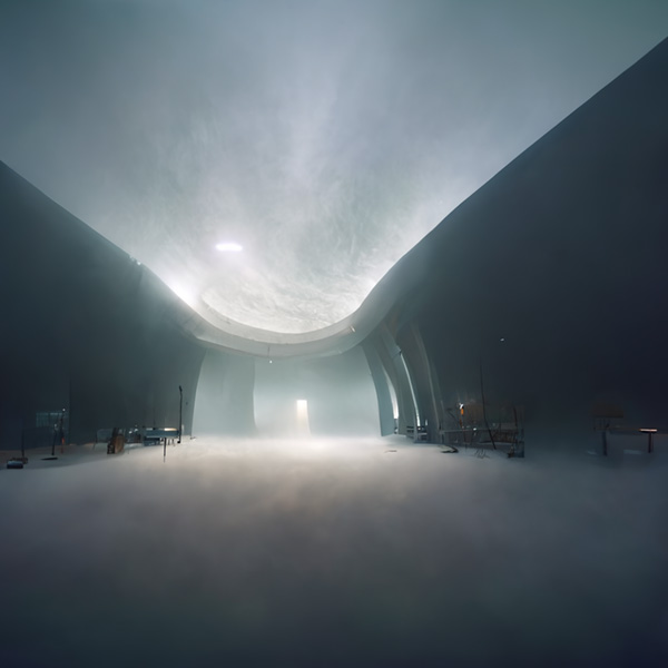 a moody foggy environment inside a curvilinear space Midjourney