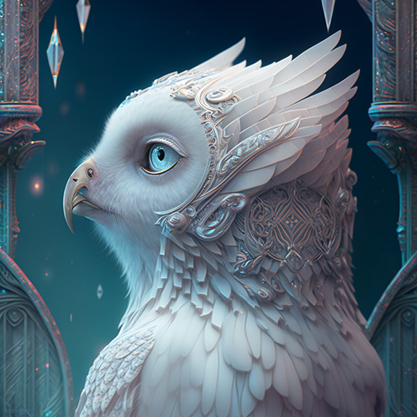Midjourney prompts examples commands anthropomorphic profile of the white snow owl Crystal priestess