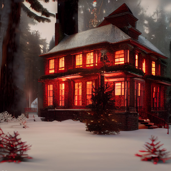 christmas, red house in the forest Midjourney command