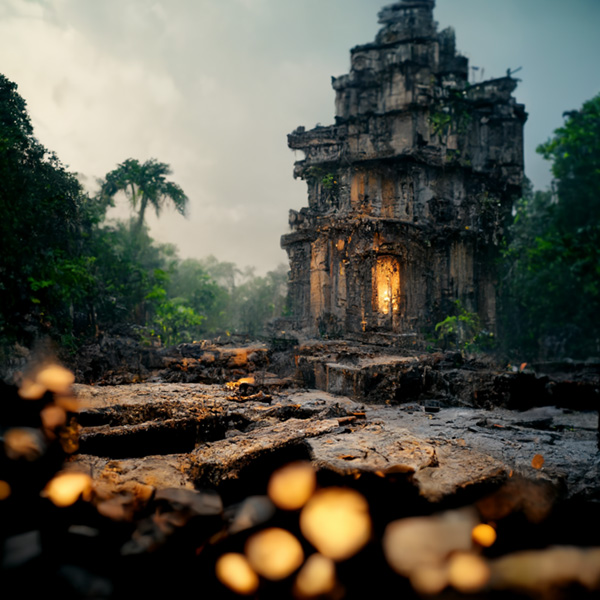 man in a ruin of an ancient city invaded by the jungle Midjourney prompt
