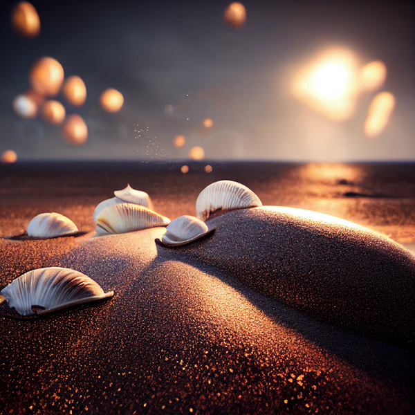 Midjourney prompts commands example Shells washed up on the beach