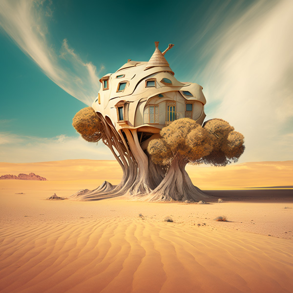 Midjourney house in the desert, Surreal landscapes