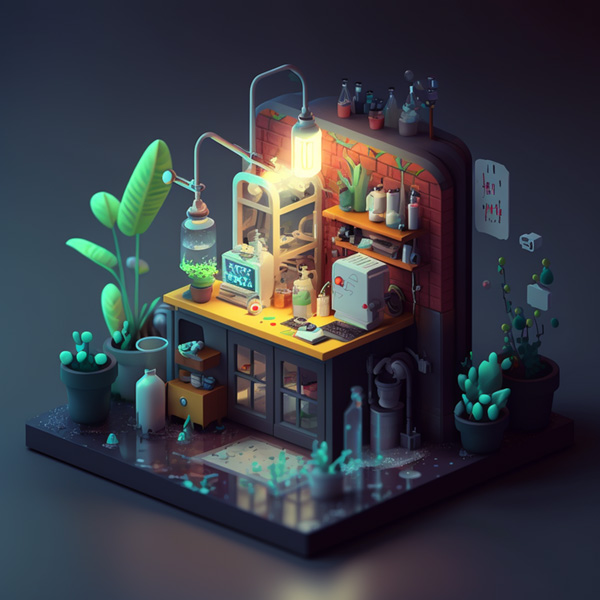 Midjourney Small and cute urban laboratory, 3d blender render