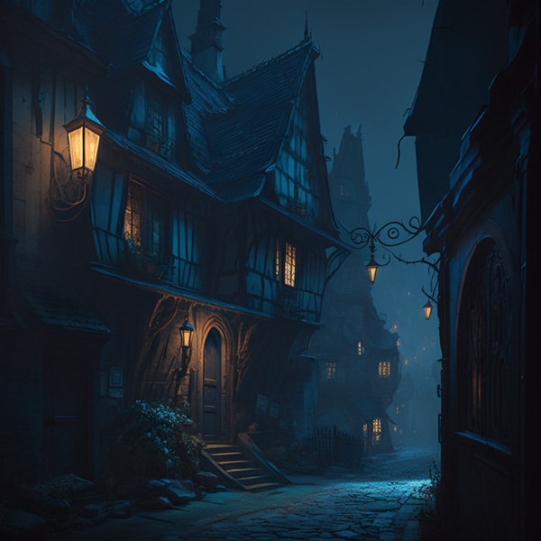 medieval city, nighttime, blue hue Midjourney prompts commands