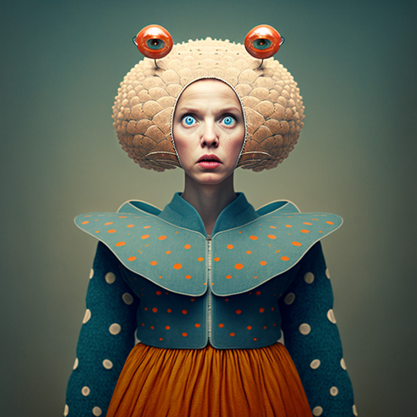 surrealist young woman wearing a funny cerium costume