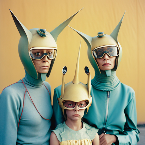 Portrait of an alien family from the 1970's, futuristic clothes