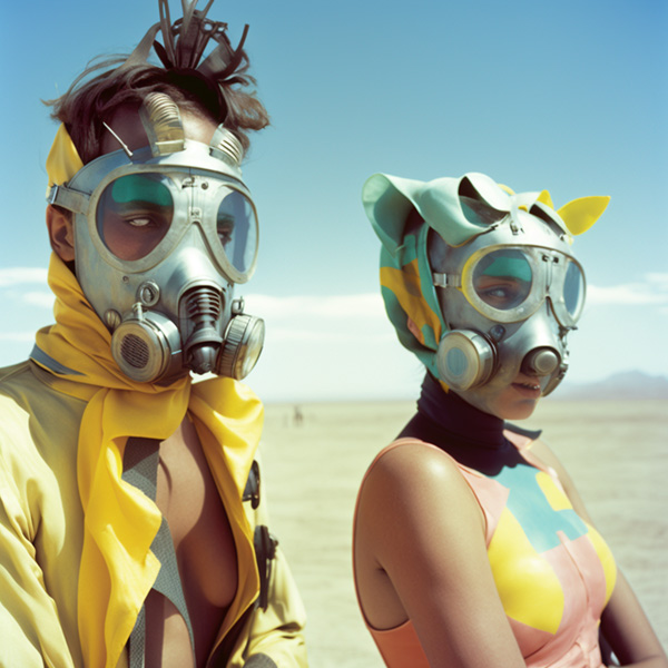couple floating, flying,wearing gas masks, dancing in the burning man