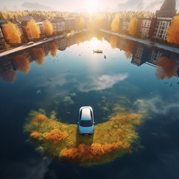 A car parked on a calm lake, below the surface of the lake is a real city