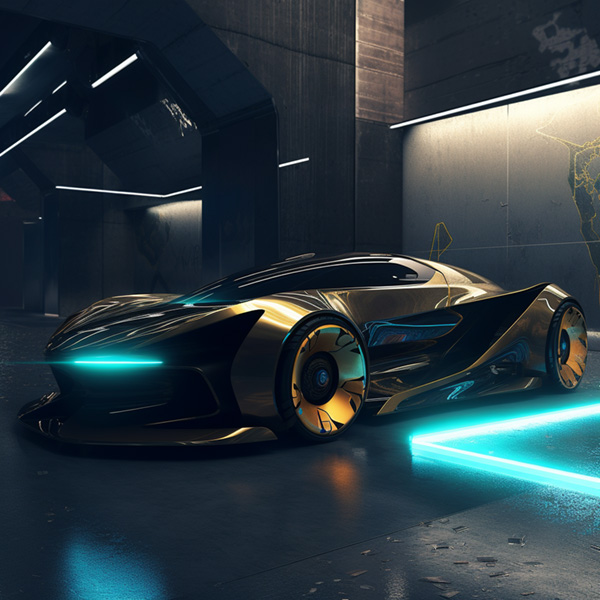 Photorealistic concept art, sleek and futuristic car design