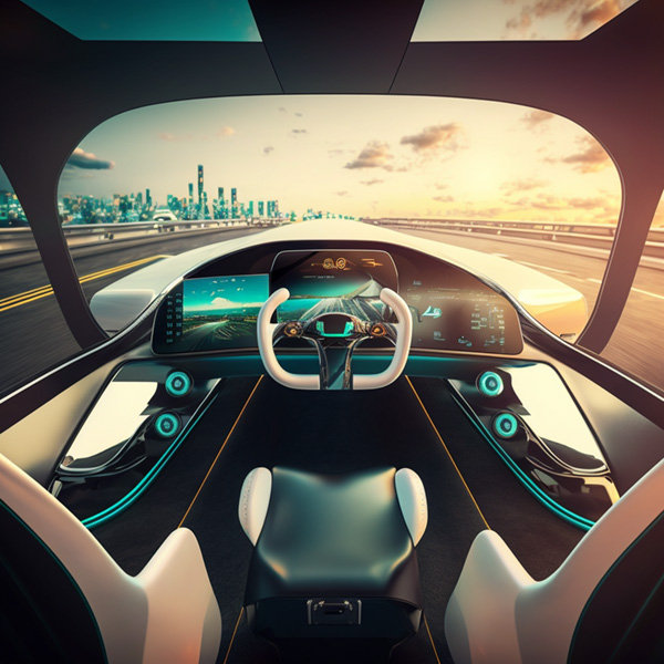 concept car driving autonomusly on street cockpit