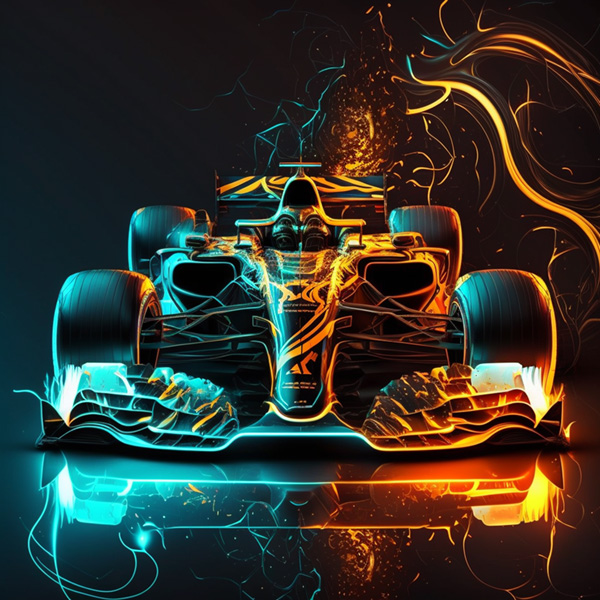 dramatic electric effects neon glowing Formula 1 car
