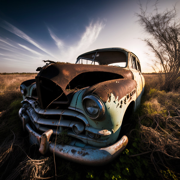 abandoned american old timer, crashed, wide angle shot with shallow depth of field, shot in the style of street photography