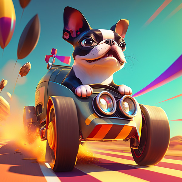 a happy illustration of a cute Boston Terrier racing a car in a race, whimsical