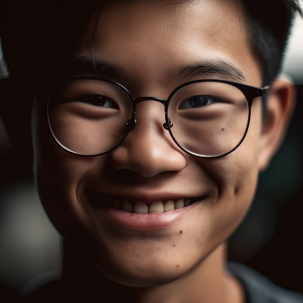 a teenage Asian guy smiles for the camera, close up portrait photo