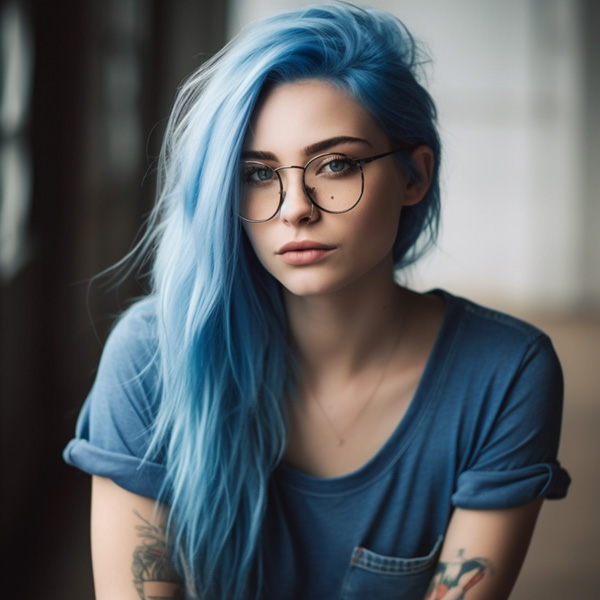beautiful girl with blue hair, glasses, Midjourney prompts
