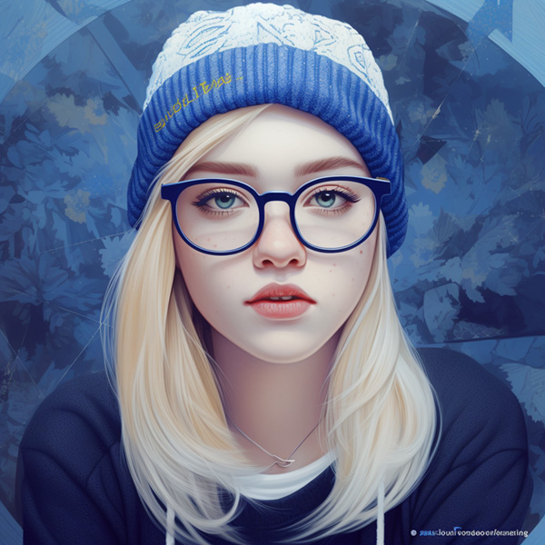 Women Midjourney prompts example commands blonde girl wearing glasses a t shirt and a blue beanie