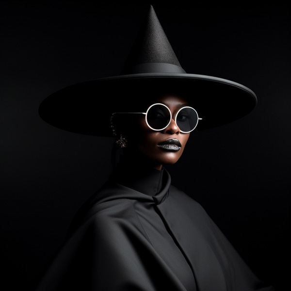 Women Midjourney prompts example A black african woman with glasses wearing a big hat