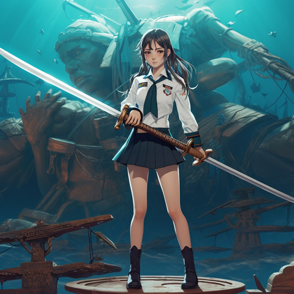 Women Midjourney prompts example A girl in a high school student uniform and skirt is holding on her swords