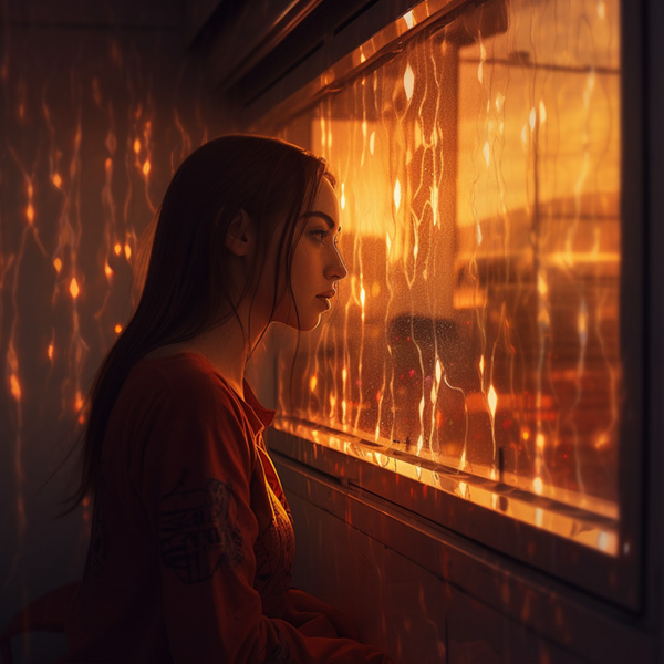 Women Midjourney prompts example The girl looks at the light in front of her eyes in the window