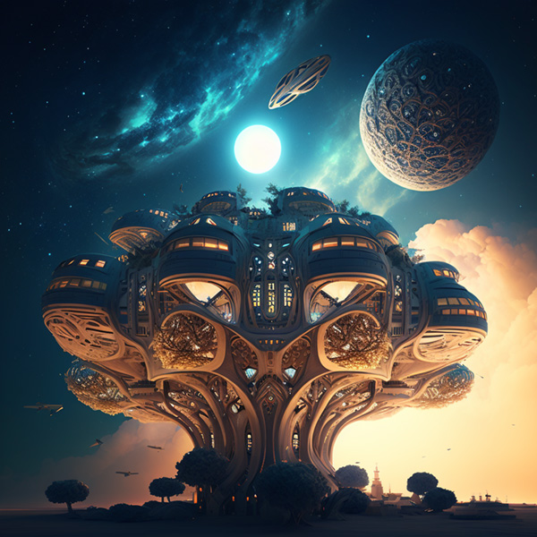 Midjourney prompts flying in universe ultra modern huge treehouses flying in space