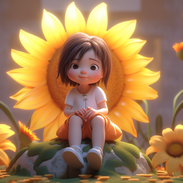 Cartoon Midjourney prompts commands examples a super cute little girl IP sitting on a huge flower