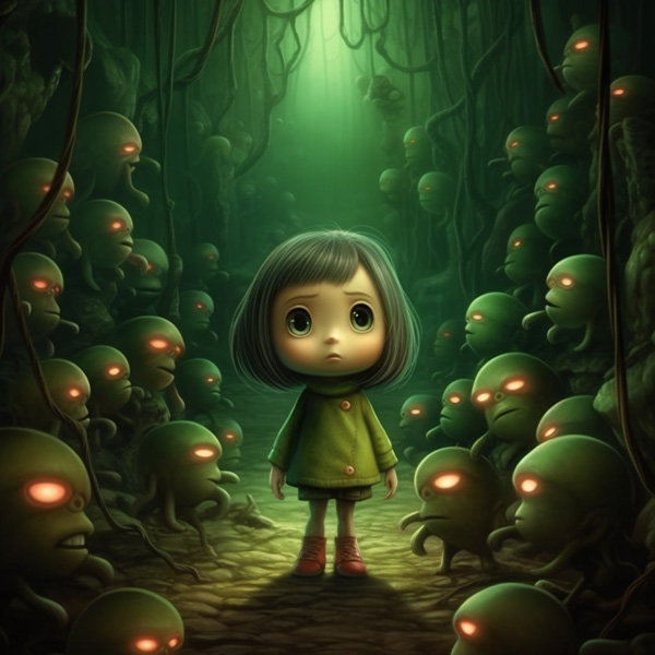 Cartoon Midjourney prompts commands An art illustration of a little girl walking around in a forest, in the style of otherworldly creatures