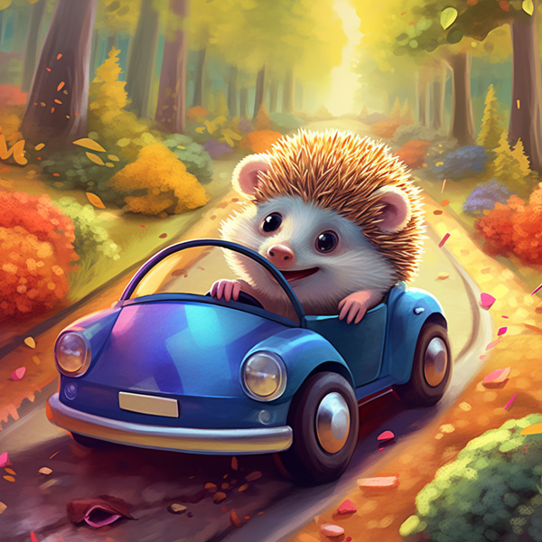 A multicolored hedgehog cartoon character driving a sports car through a forest