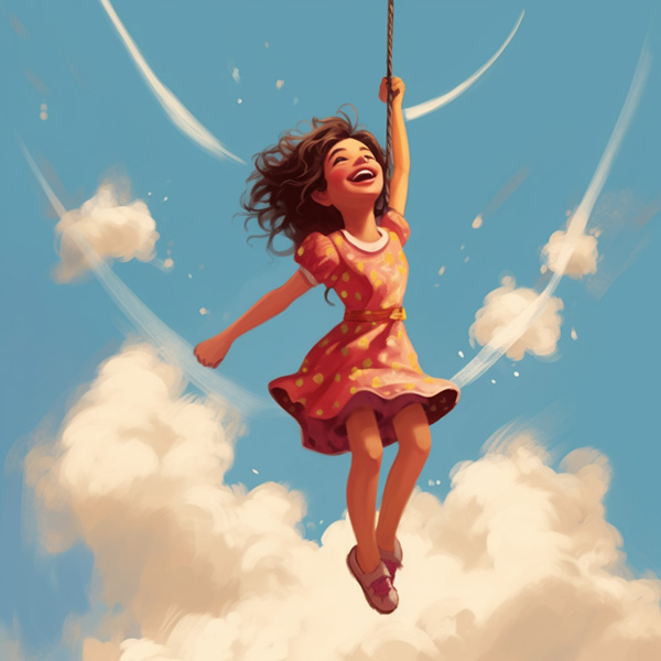 A cartoon of a girl swinging, side view, her feet reaching up to the sky with joy