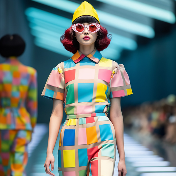 Catwalk Midjourney prompts Fashion model full view in a colorful costume at milan fashion week show