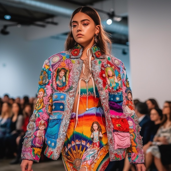 A model in a colorful jacket walking down a runway, in the style