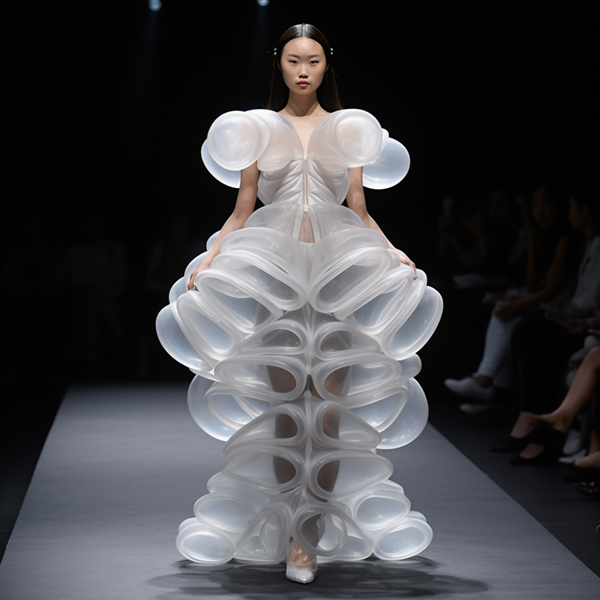 Catwalk Midjourney prompts Surrealist 3d printed polycarbonate inflated silicon cubucal gown