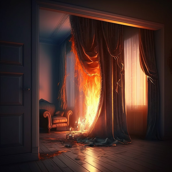 fire and burning curtains in a house in a fully furnished living room