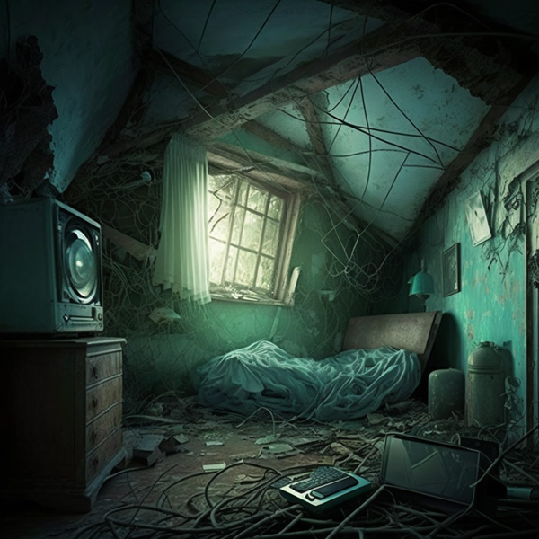 a scary old broken down room with a strange entity inside