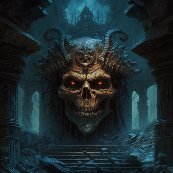 Skull demon sorcerer in ruined temple