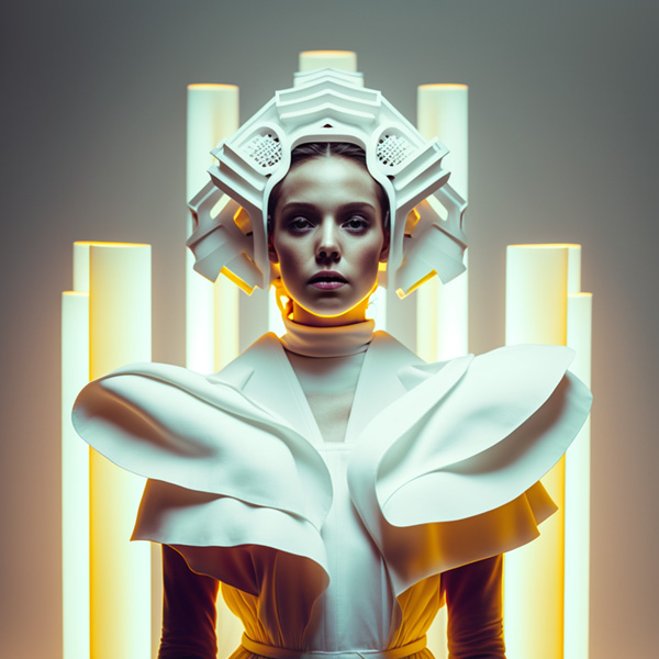 Midjourney prompts examples portrait of beautiful young woman, futuristic gas mask on her head