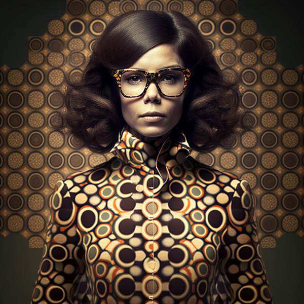 Midjourney prompts an amazing model, female, 28 years old, wearing optical pattern 1970's clothes