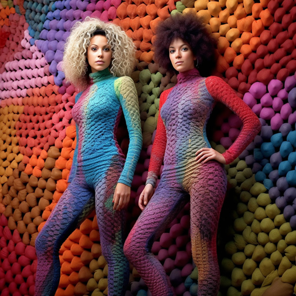 colorful crocheted bodysuit, full body format