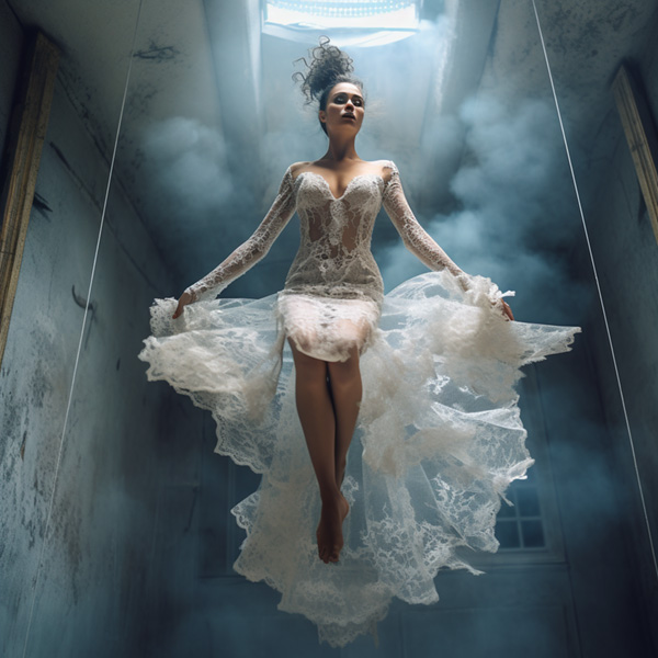 stunning fashion model floating in weightlessness