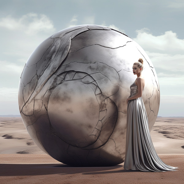 Fashion Midjourney prompts A model in haute couture is posed near a large sphere, surreal organic forms