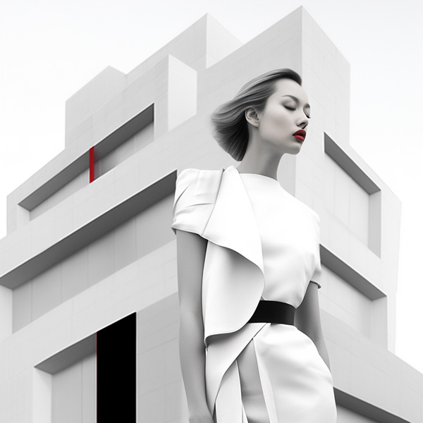 Fashion Midjourney prompts fashion apparel featuring modern architecture,minimalist