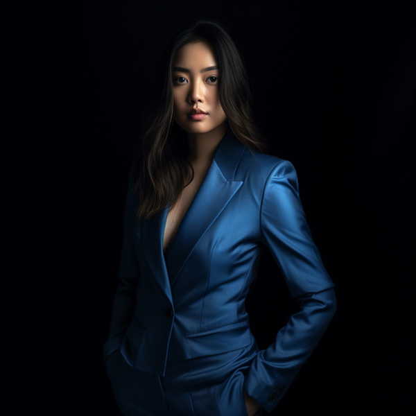 A girl in a blue suit poses in front of black background