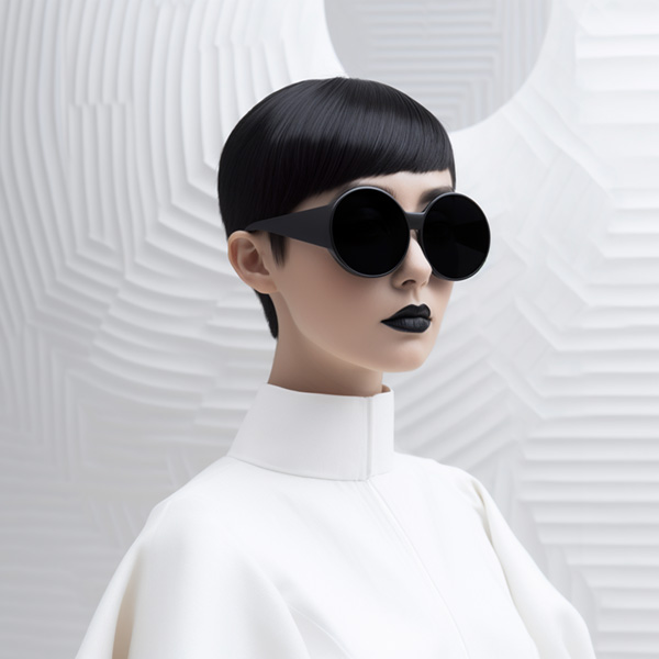 Beautiful model wearing sunglasses with unique cool experimental design black dress in pure white art space