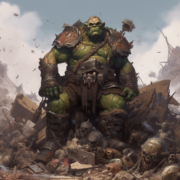 Midjourney prompt orc junker standing by a pile of scrap