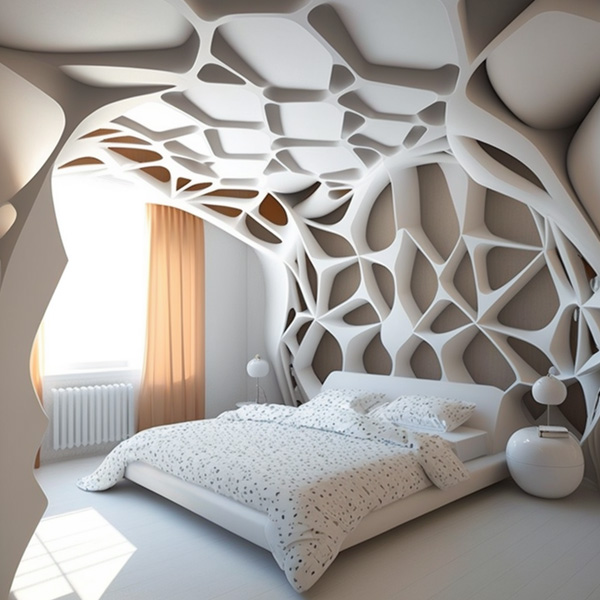 Midjourney prompts example parametric voronoi dedign bedroom, bed headboard continue with the ceiling