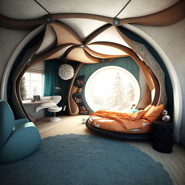 Midjourney prompt decoration digital art Interior design of a very unusual bedroom