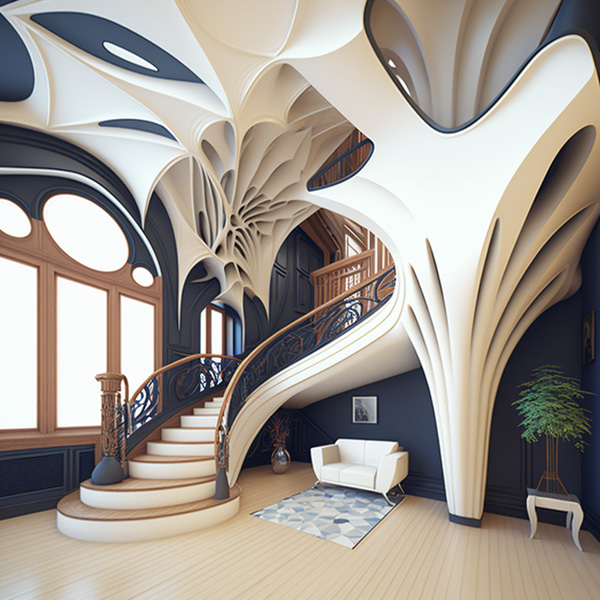 hyper-photorealistic one floor house interior looking like a manta ray in Tokyo city settings