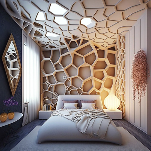 various size voronoi bedroom, thick panels, continuous ceiling